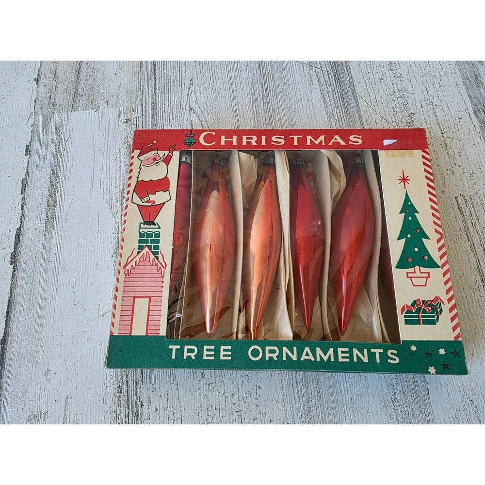 Vintage red icicle Poland set ornament Xmas tree